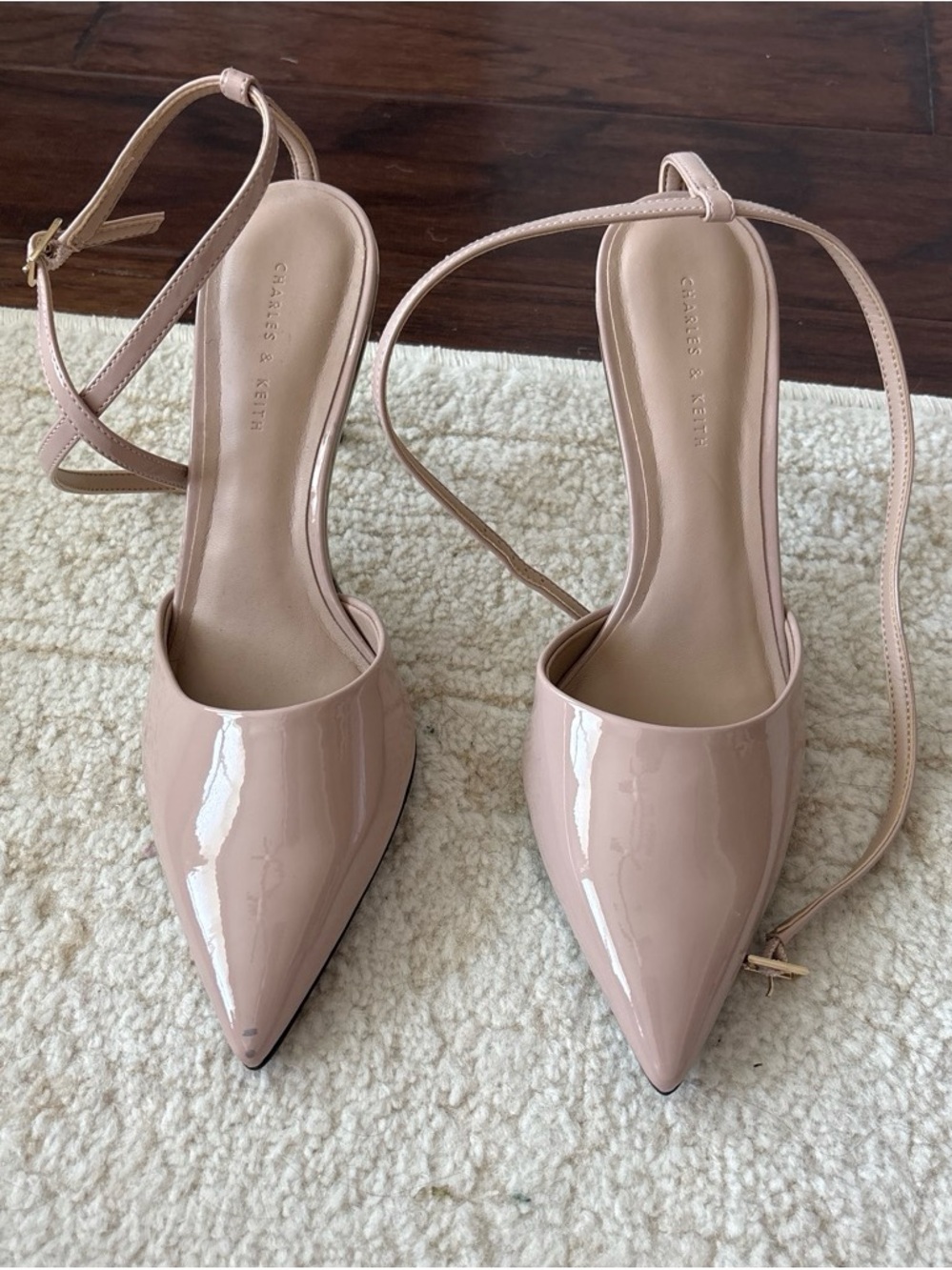 Charles & Keith Nude Blush Patent Pointed Slingback Heels